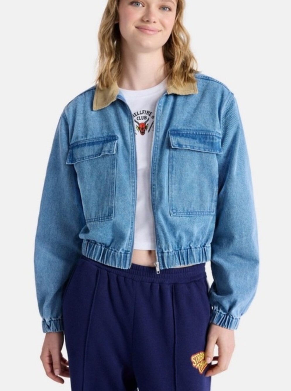 Stranger Things X No Boundaries Light Blue Retro Cropped Denim Jacket Size L